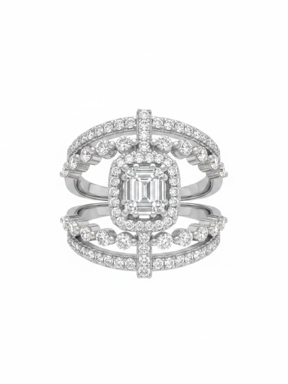 STUNNING White Emerald Cut Diamond Simulated Halo & Multi-Row Statement Ring